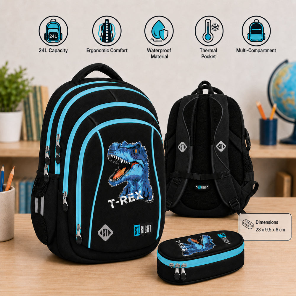 St. Right Blue T-Rex Dinosaur School Backpack | 17 Inch, Padded Straps