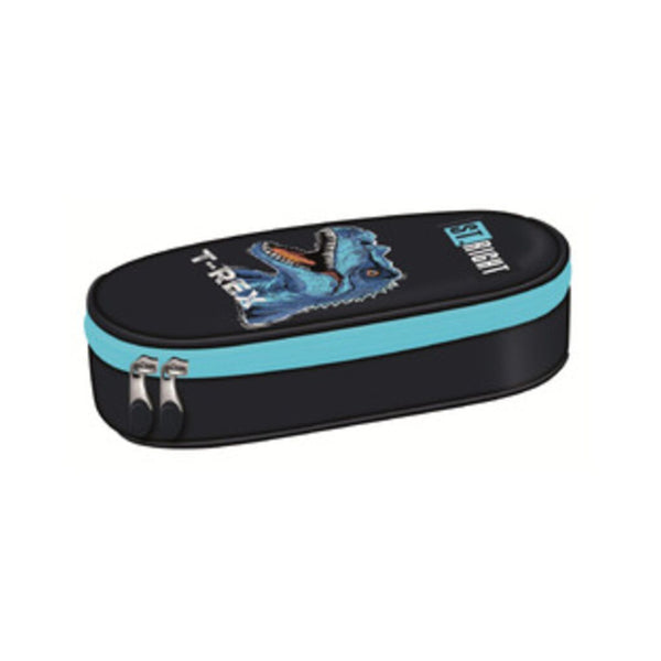 St. Right Blue T-Rex Dinosaur Oval Pencil Case | Double Zip, Turquoise Trim