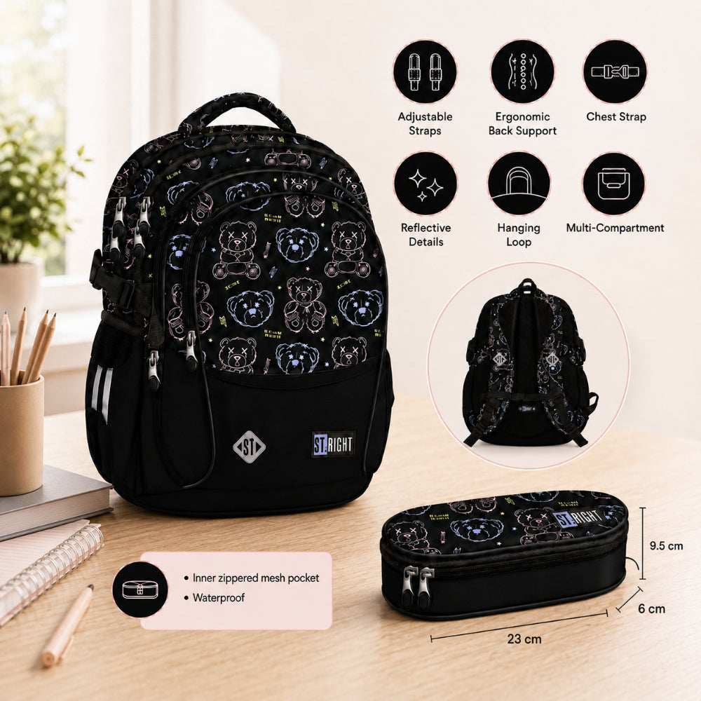 St. Right Trouble Maker Bear Backpack | 17 Inch, Black Assorted Print