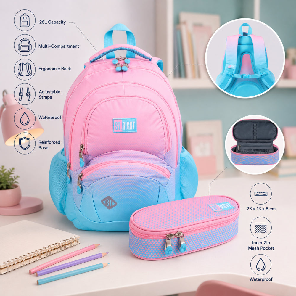 St. Right Pink and Blue Gradient School Backpack | 17", Padded Straps