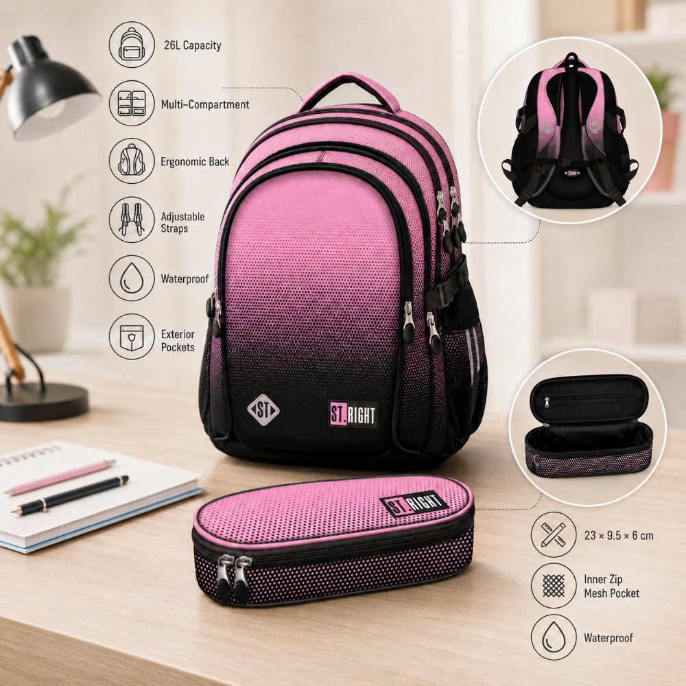 St. Right Pink Gradient School Backpack | 17 Inch, Multiple Compartments