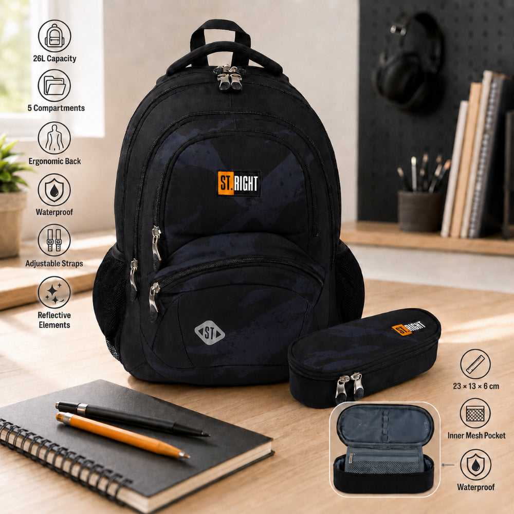 St. Right Lava Multi-Compartment Backpack | Black and Orange, 17 Inch