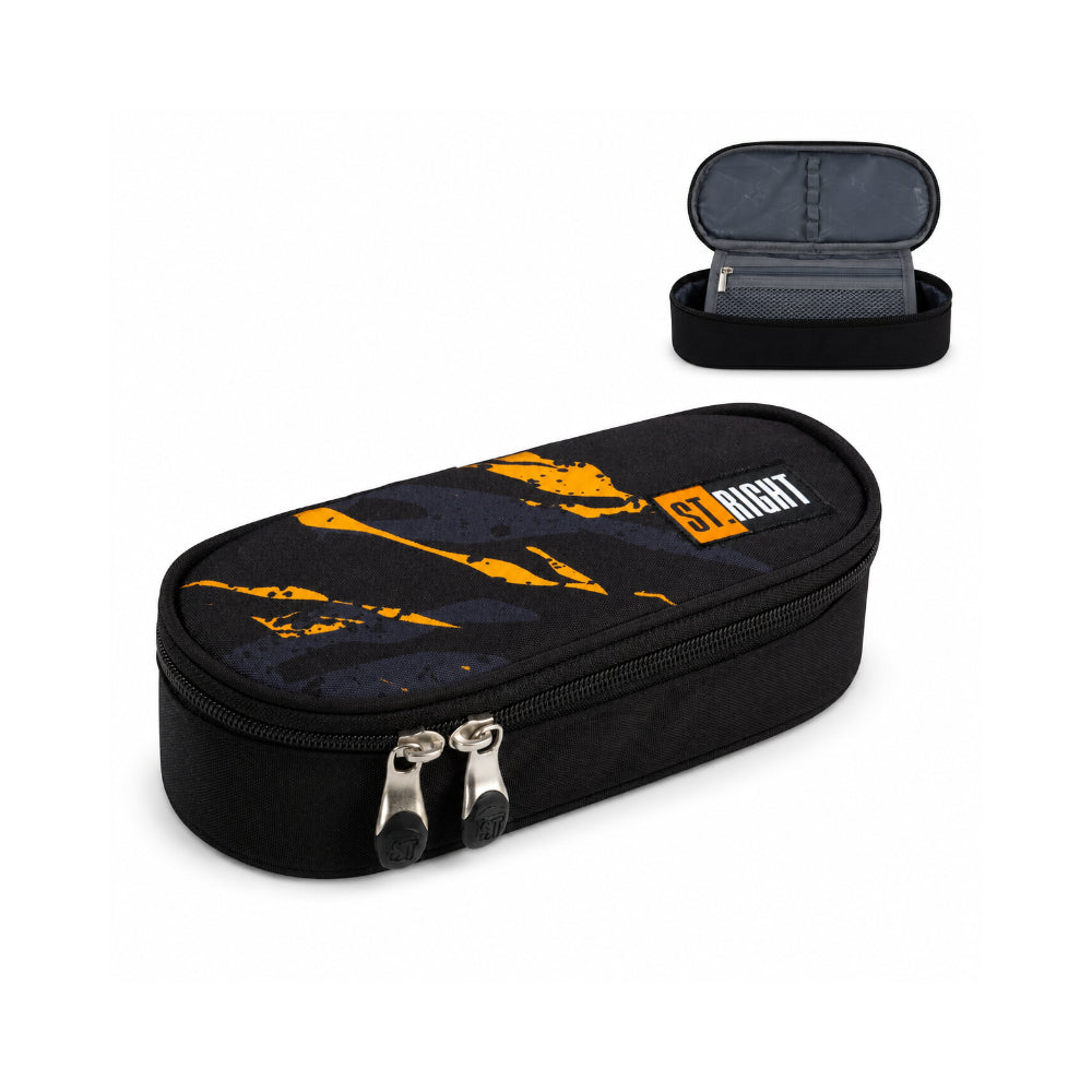 St. Right Lava Oval Pencil Case | Black and Orange, Double Zip