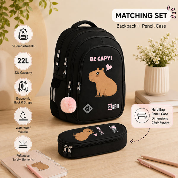 St. Right Be Cappy Capybara School Backpack | 16 Inch, Black
