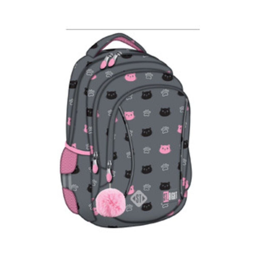 St. Right Kitty Paw School Backpack | 15 Inch, Grey and Pink Cat Design