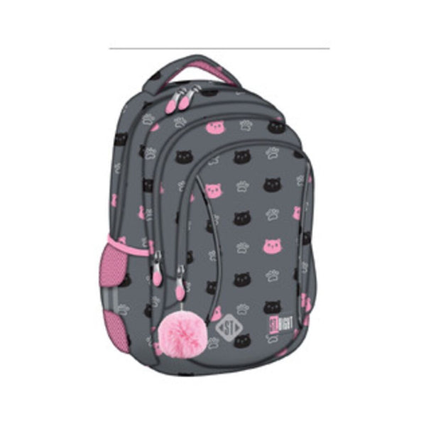 St. Right Kitty Paw School Backpack | 15 Inch, Grey and Pink Cat Design