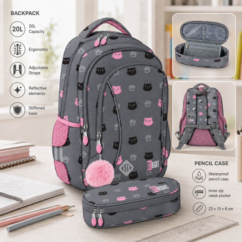 St. Right Kitty Paw School Backpack | 15 Inch, Grey and Pink Cat Design