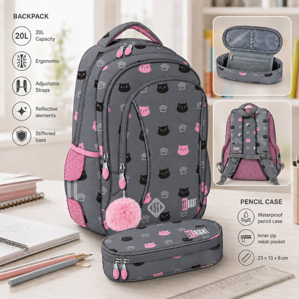 St. Right Kitty Paw School Backpack | 15 Inch, Grey and Pink Cat Design
