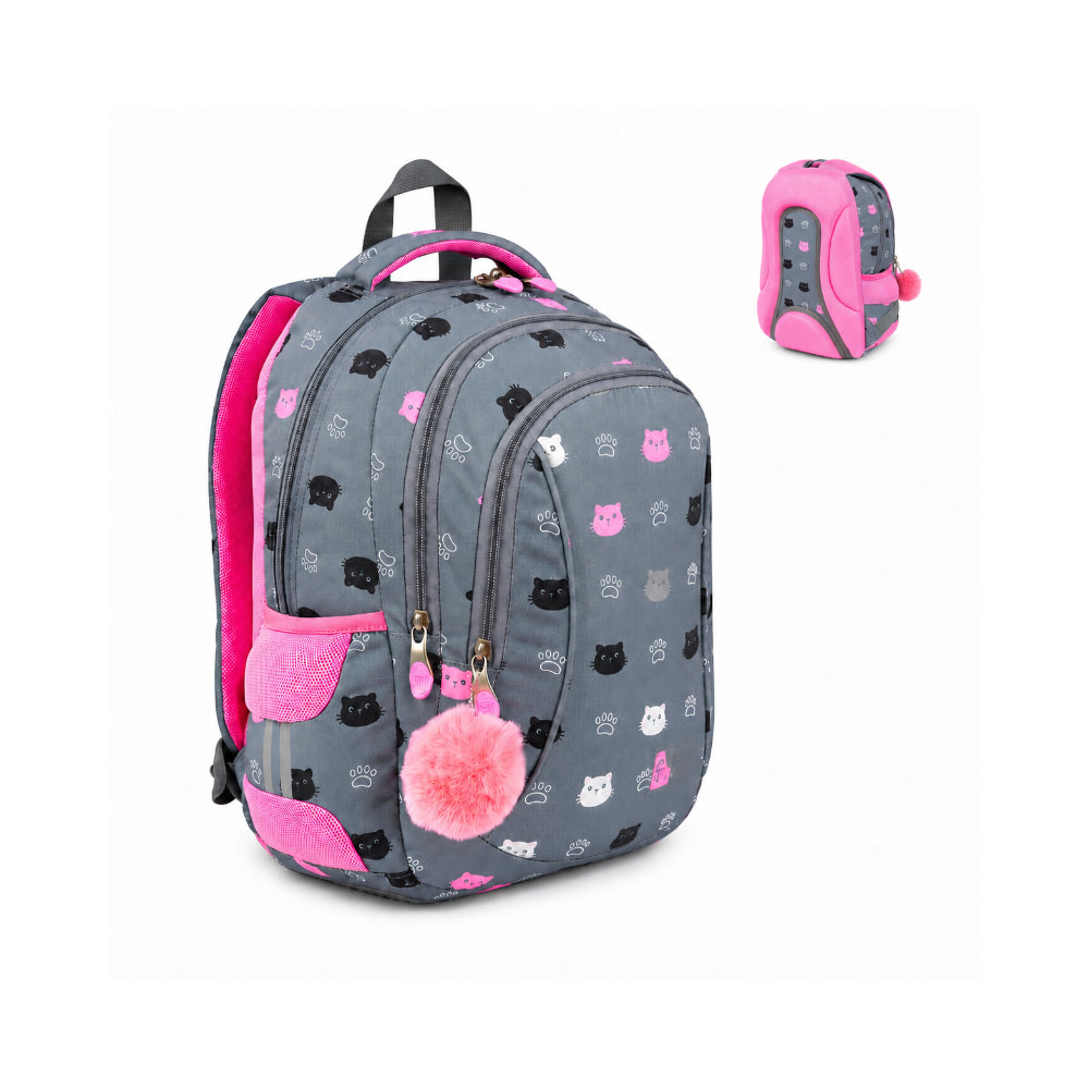 St. Right Kitty Paw School Backpack | 15 Inch, Grey and Pink Cat Design