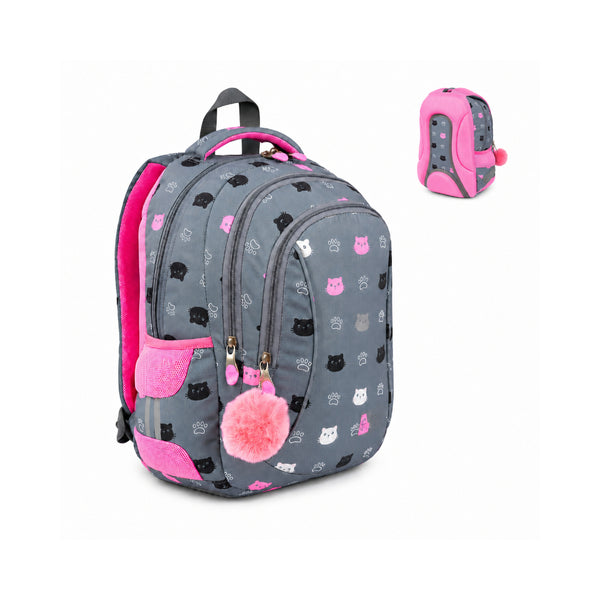 St. Right Kitty Paw School Backpack | 15 Inch, Grey and Pink Cat Design