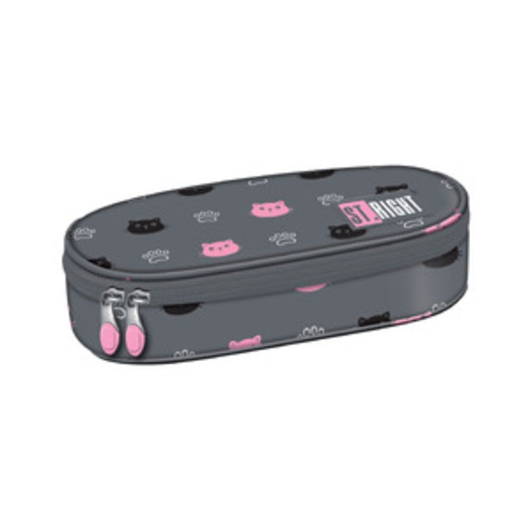 St. Right Kitty Paw Oval Pencil Case | Grey with Pink Accents, Dual Zip
