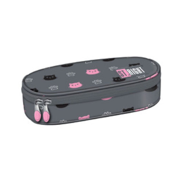 St. Right Kitty Paw Oval Pencil Case | Grey with Pink Accents, Dual Zip