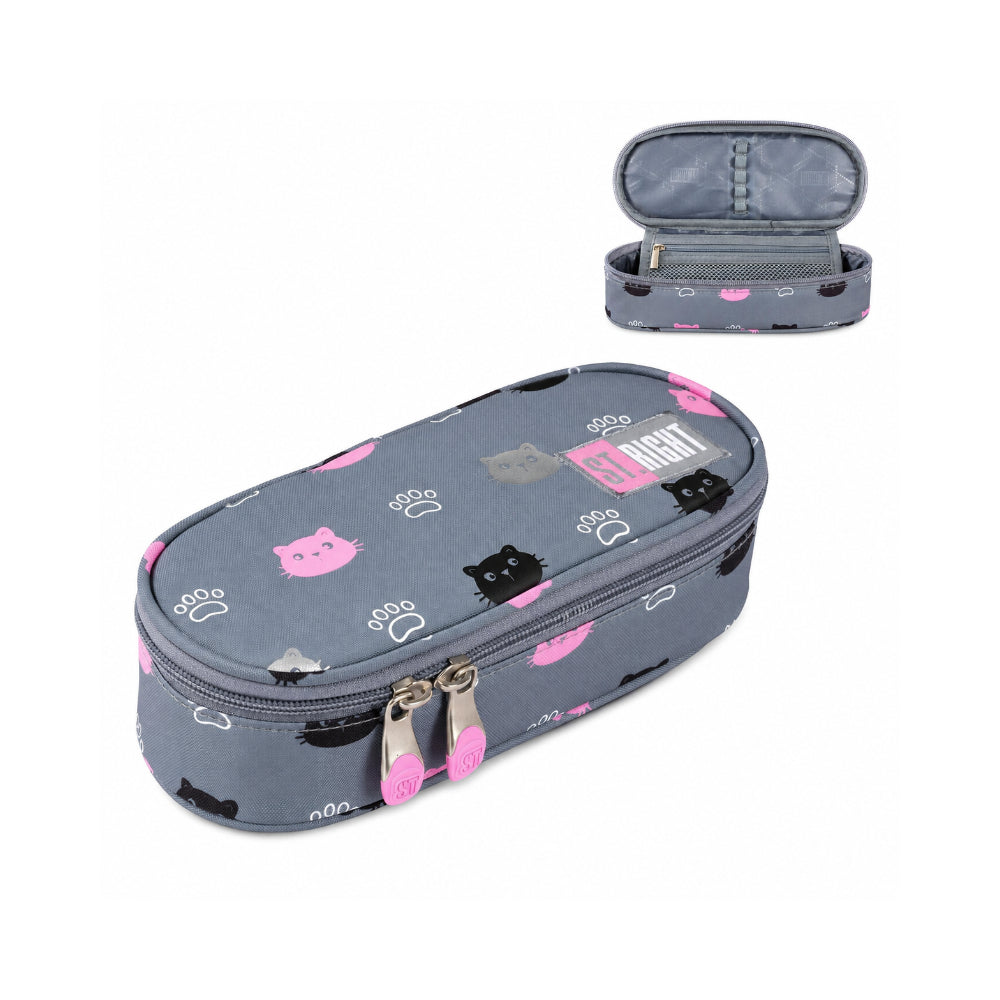 St. Right Kitty Paw Oval Pencil Case | Grey with Pink Accents, Dual Zip