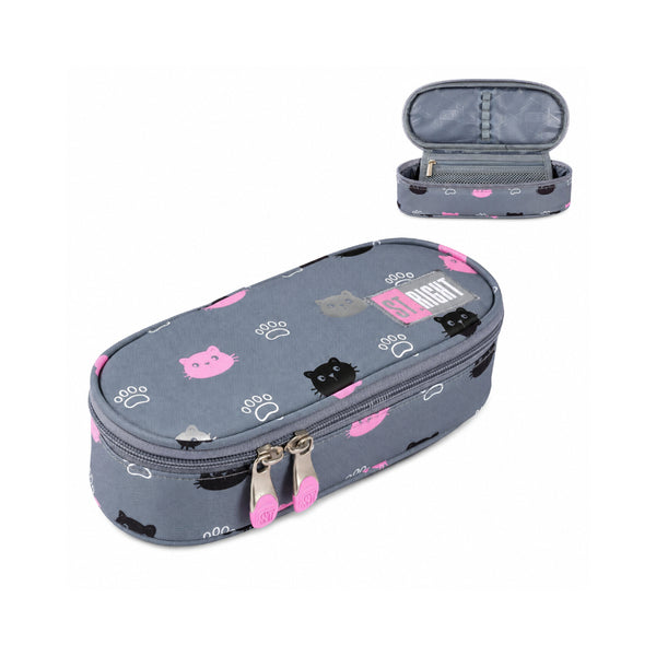 St. Right Kitty Paw Oval Pencil Case | Grey with Pink Accents, Dual Zip
