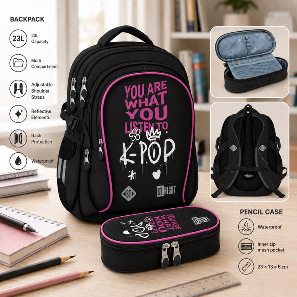 St. Right K-Pop Rhythm Graphic Backpack | 17 Inch, Black and Pink