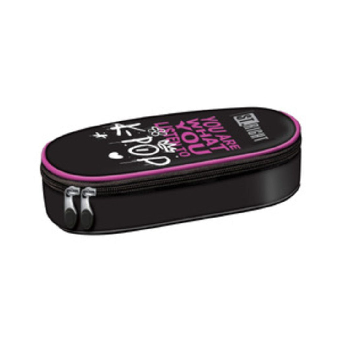 St. Right K Pop Rhythm Oval Pencil Case | Black, Pink Trim, Double Zip