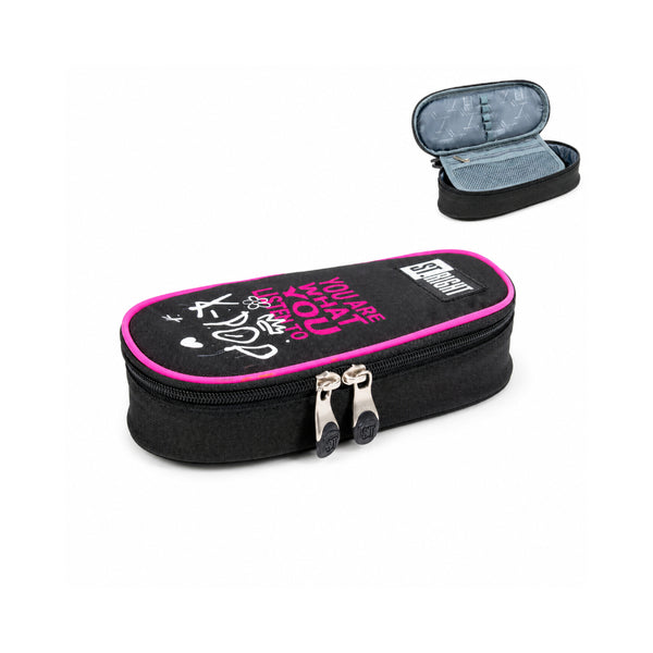 St. Right K Pop Rhythm Oval Pencil Case | Black, Pink Trim, Double Zip