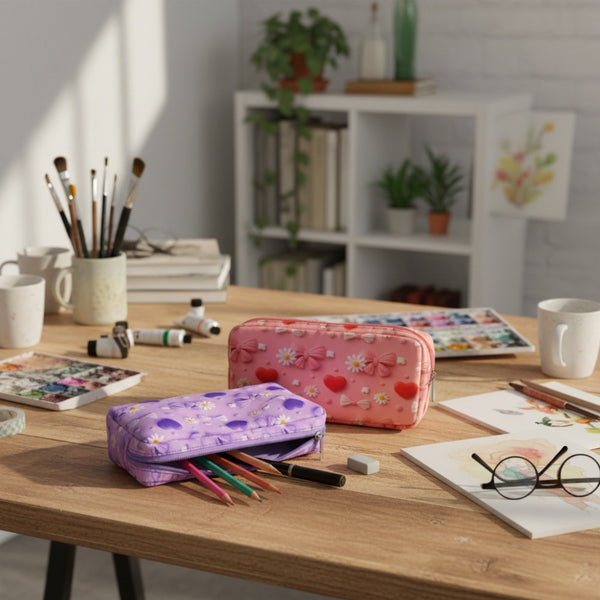 Supreme Assorted 3D Hearts and Bows Double Pencil Case | Zip-Around