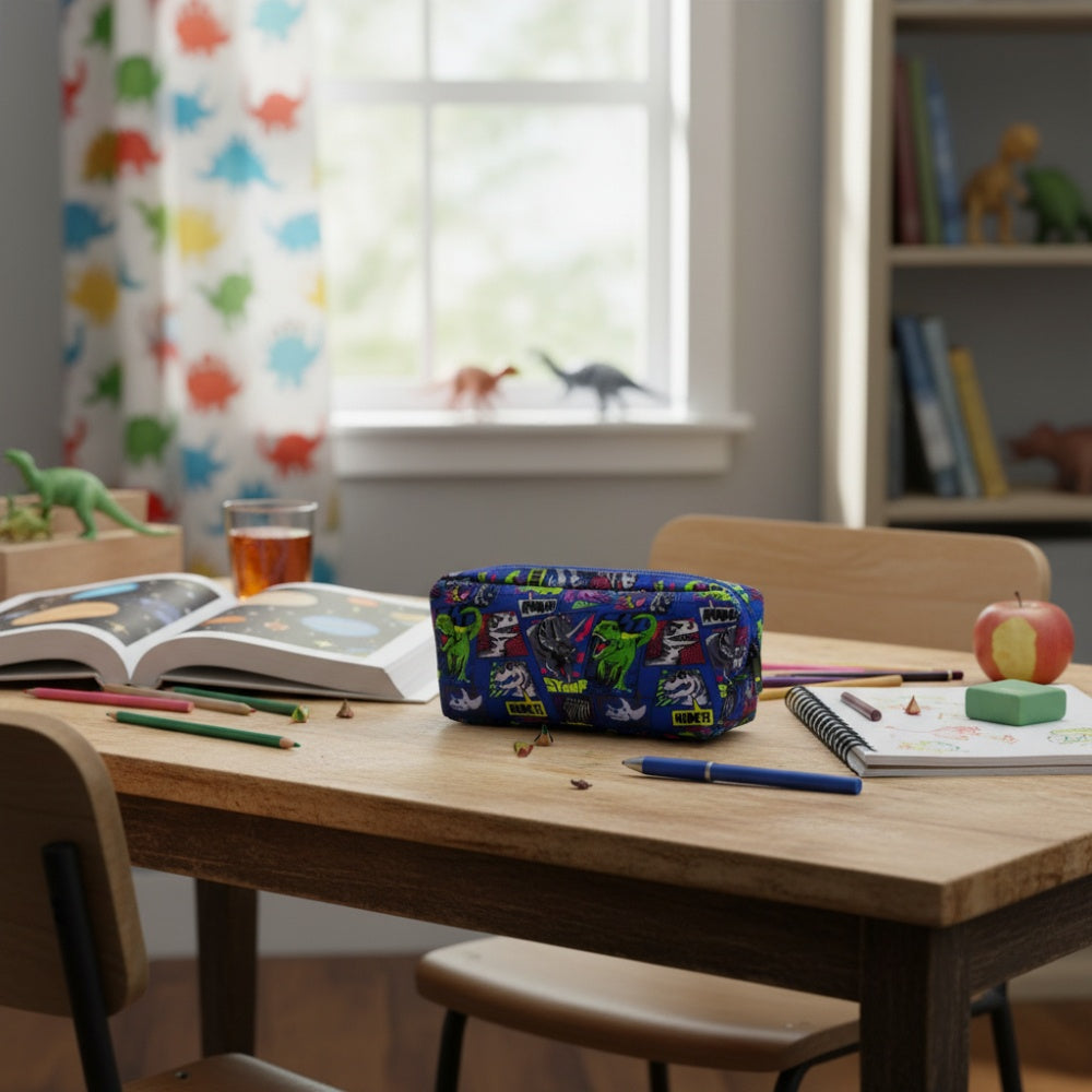 Supreme Dino Stomp Double Pencil Case | Blue Dinosaur Comic Design