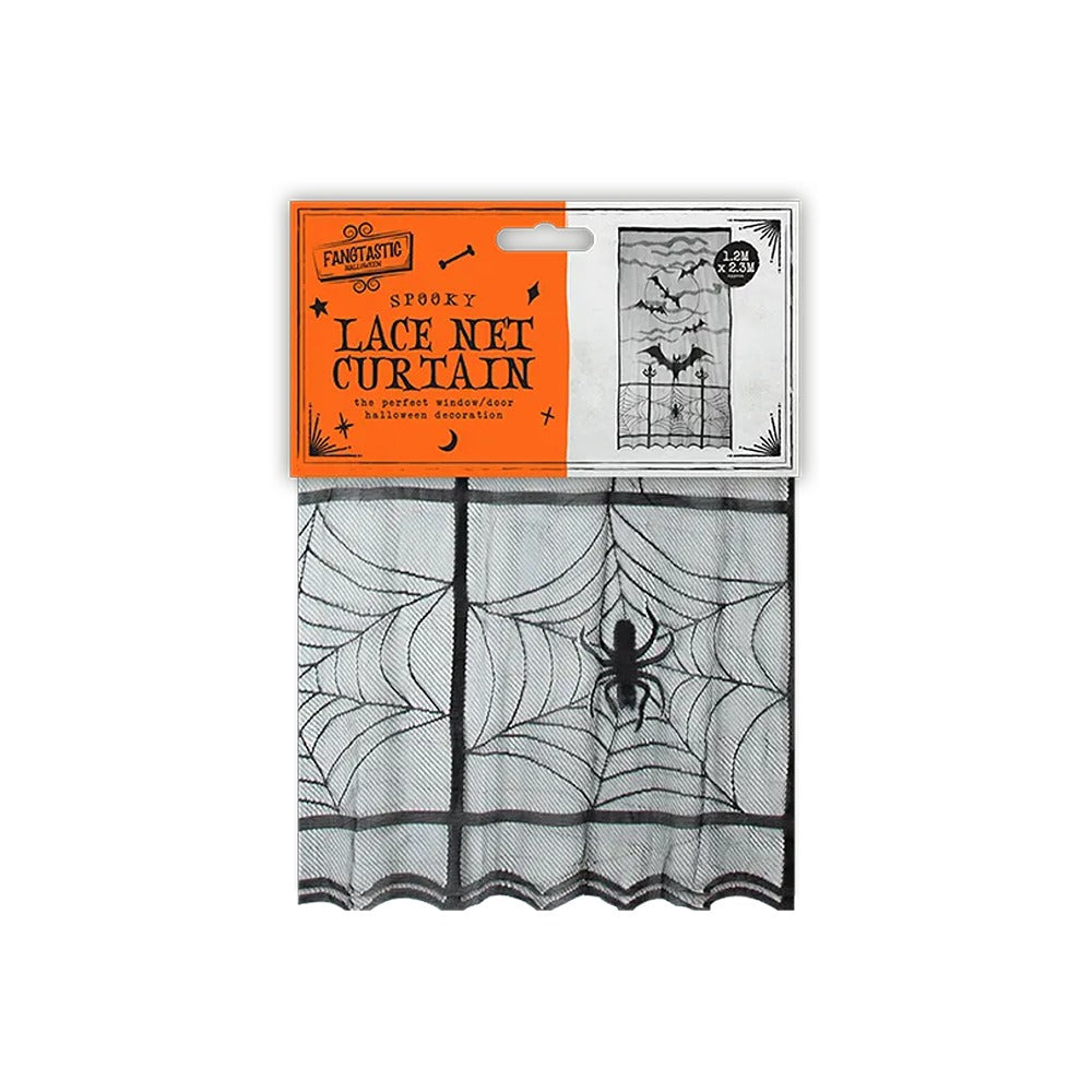 Spooky Spiderweb Lace Net Curtain - Black, 1.2 x 2.3m, Scalloped Edge