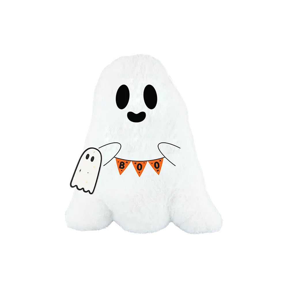 Halloween Ghost Shaped Cushion with Embroidered Detail - White, 43cm