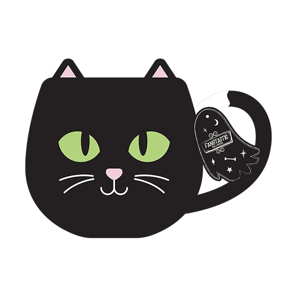 Black Cat Shaped Mug - Lime Green Eyes, Pink Ears and Fangtastic Tag