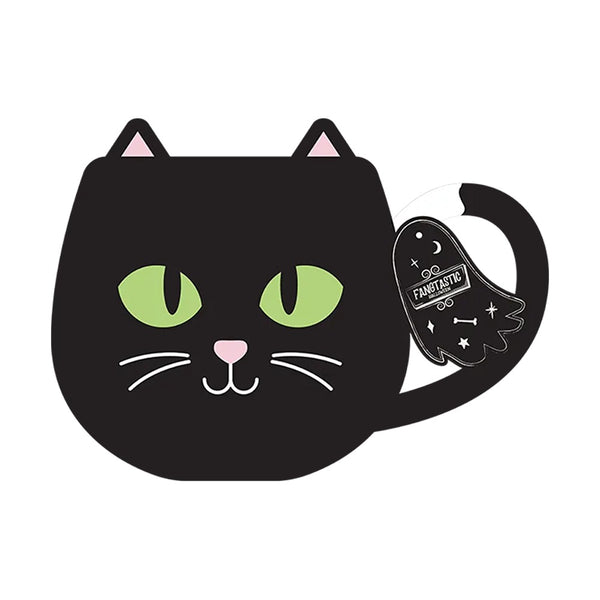 Black Cat Shaped Mug - Lime Green Eyes, Pink Ears and Fangtastic Tag