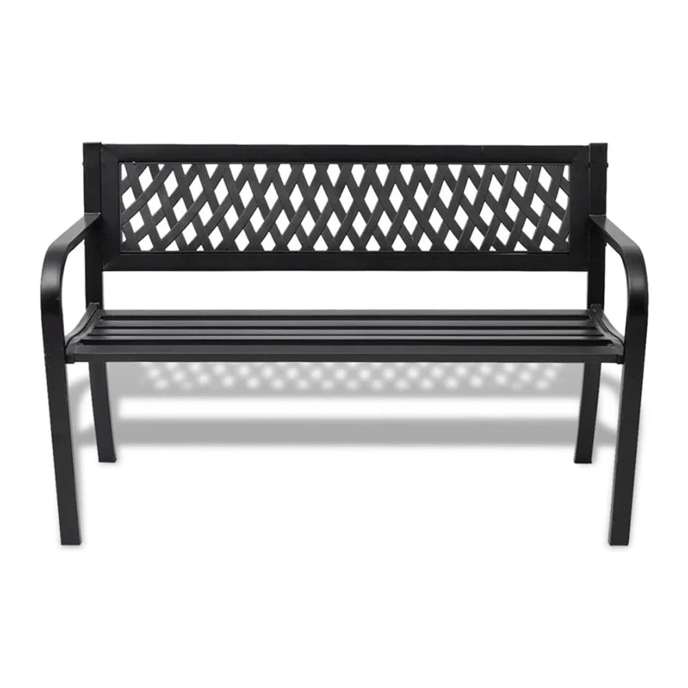 Black Metal Garden Bench with Lattice Backrest | 119cm, Outdoor Seating
