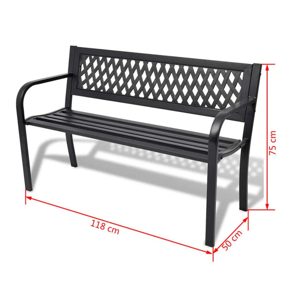 Black Metal Garden Bench with Lattice Backrest | 119cm, Outdoor Seating