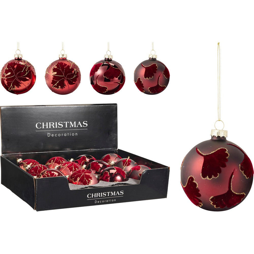 Christmas Baubles Dark Red with Bow Design 8cm | Set of 4