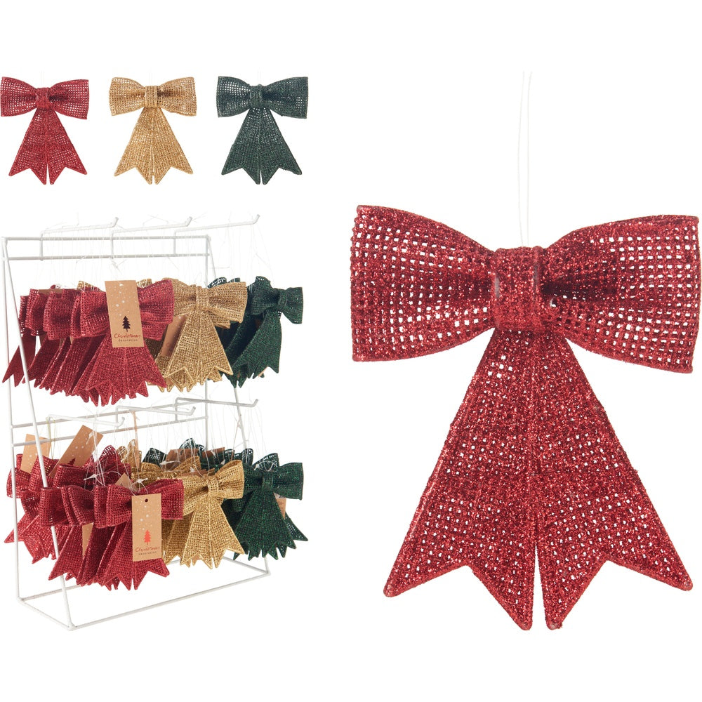 Christmas Bow Glitter Decorations - Assorted Designs - 11cm
