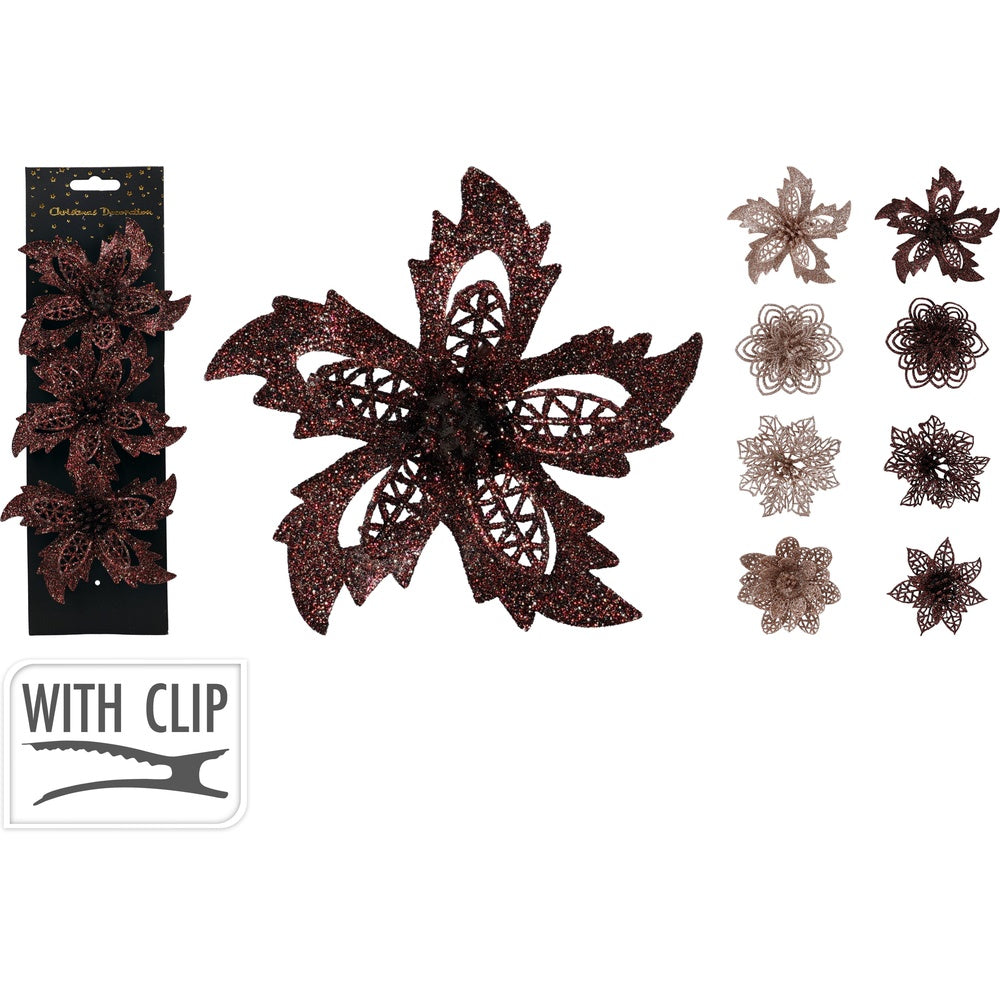 Christmas Glitter Flower Decorations | 3 Piece Set for Tree & Home