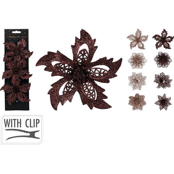 Christmas Glitter Flower Decorations | 3 Piece Set for Tree & Home