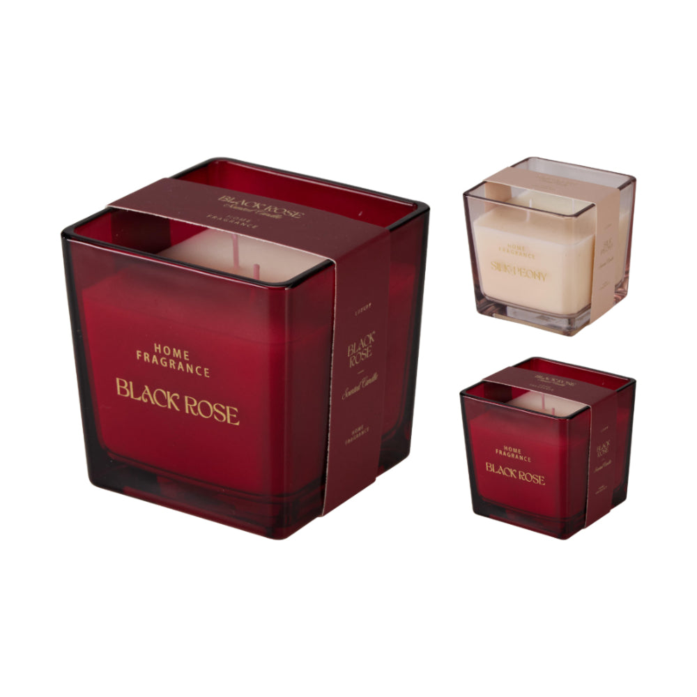 Floral Scented Candle in Square Glass Holder - 10cm, Assorted Colours