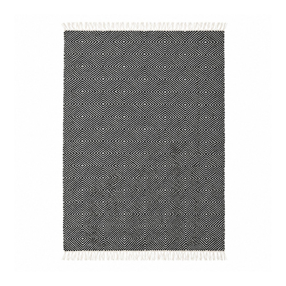 Rolf Black and White Geometric Diamond Wool Rug - Fringed, 120 x 180cm