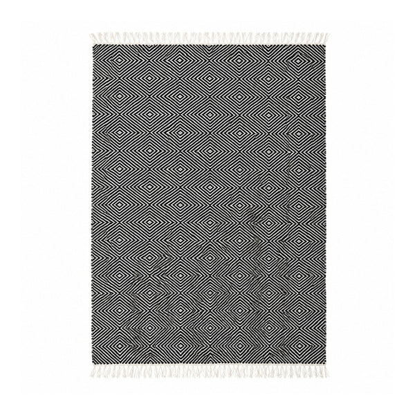 Rolf Black and White Geometric Diamond Wool Rug - Fringed, 120 x 180cm