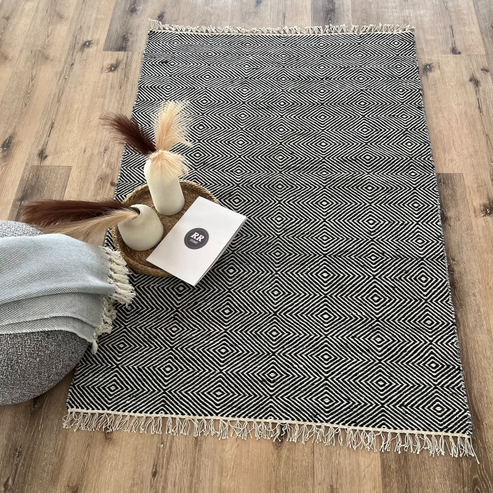 Rolf Black and White Geometric Diamond Wool Rug - Fringed, 120 x 180cm