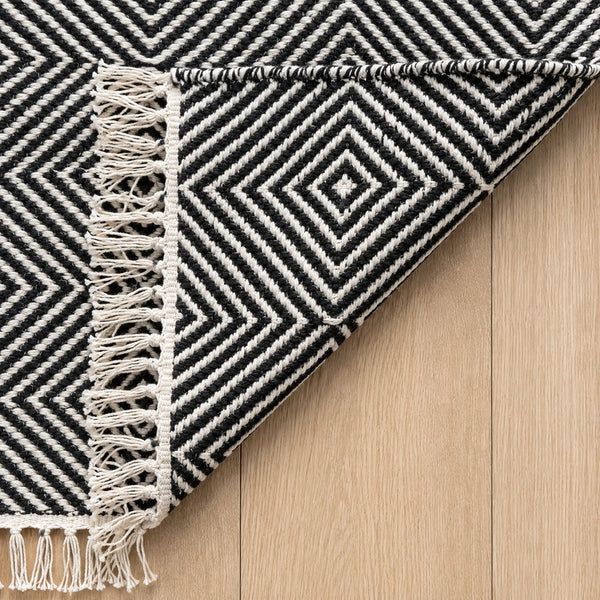 Rolf Black and White Geometric Diamond Wool Rug - Fringed, 120 x 180cm