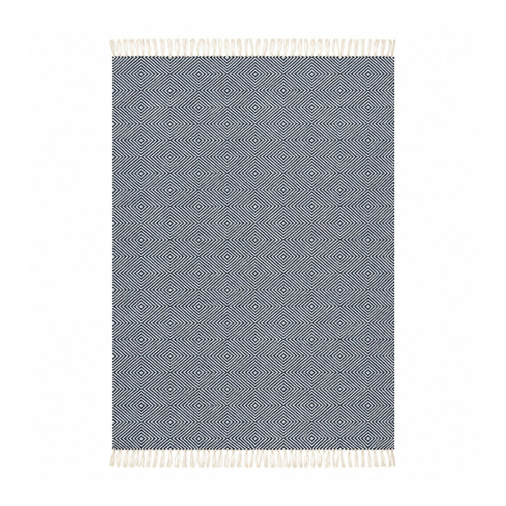 Rolf Blue Wool Geometric Diamond Rug - 120 x 180cm, Fringed Edges