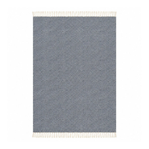 Rolf Blue Wool Geometric Diamond Rug - 120 x 180cm, Fringed Edges