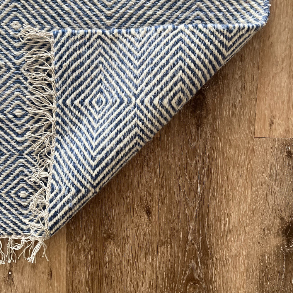 Rolf Blue Wool Geometric Diamond Rug - 120 x 180cm, Fringed Edges