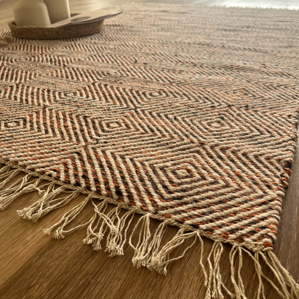 Rolf Fringed Geometric Diamond Wool Rug - Rust/Black, 120 x 180cm