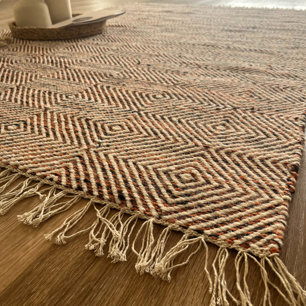 Rolf Fringed Geometric Diamond Wool Rug - Rust/Black, 120 x 180cm