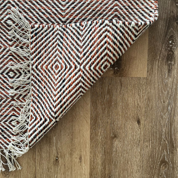 Rolf Fringed Geometric Diamond Wool Rug - Rust/Black, 120 x 180cm