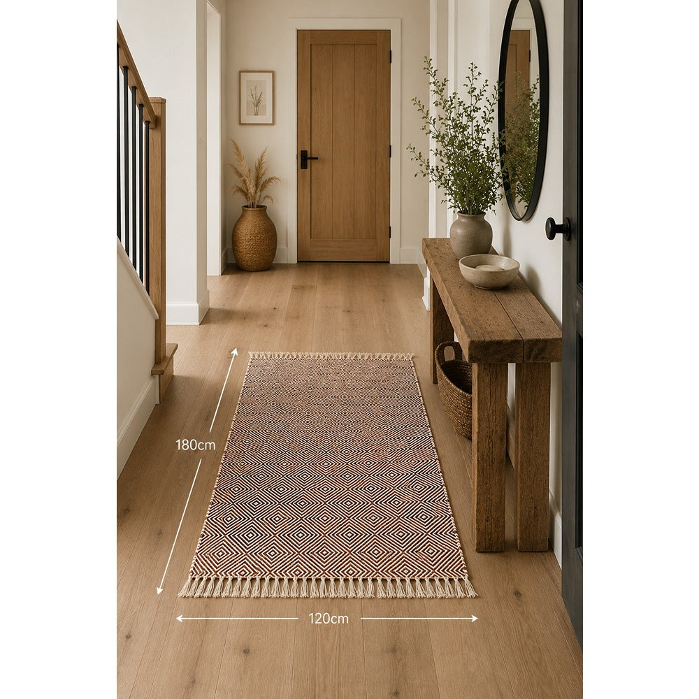 Rolf Fringed Geometric Diamond Wool Rug - Rust/Black, 120 x 180cm