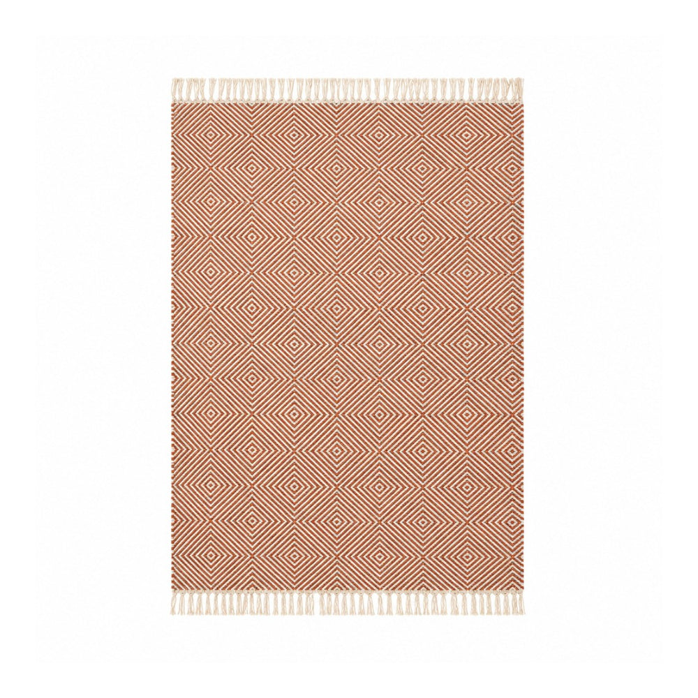 Rolf Geometric Diamond Fringed Wool Rug - Orange/Grey, 120 x 180cm