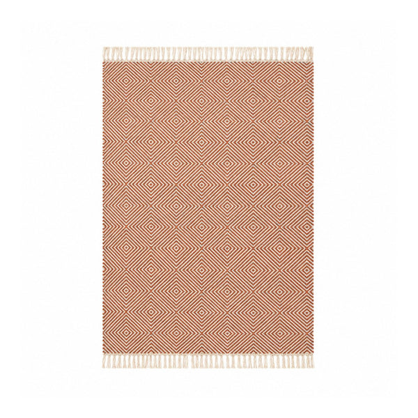 Rolf Geometric Diamond Fringed Wool Rug - Orange/Grey, 120 x 180cm