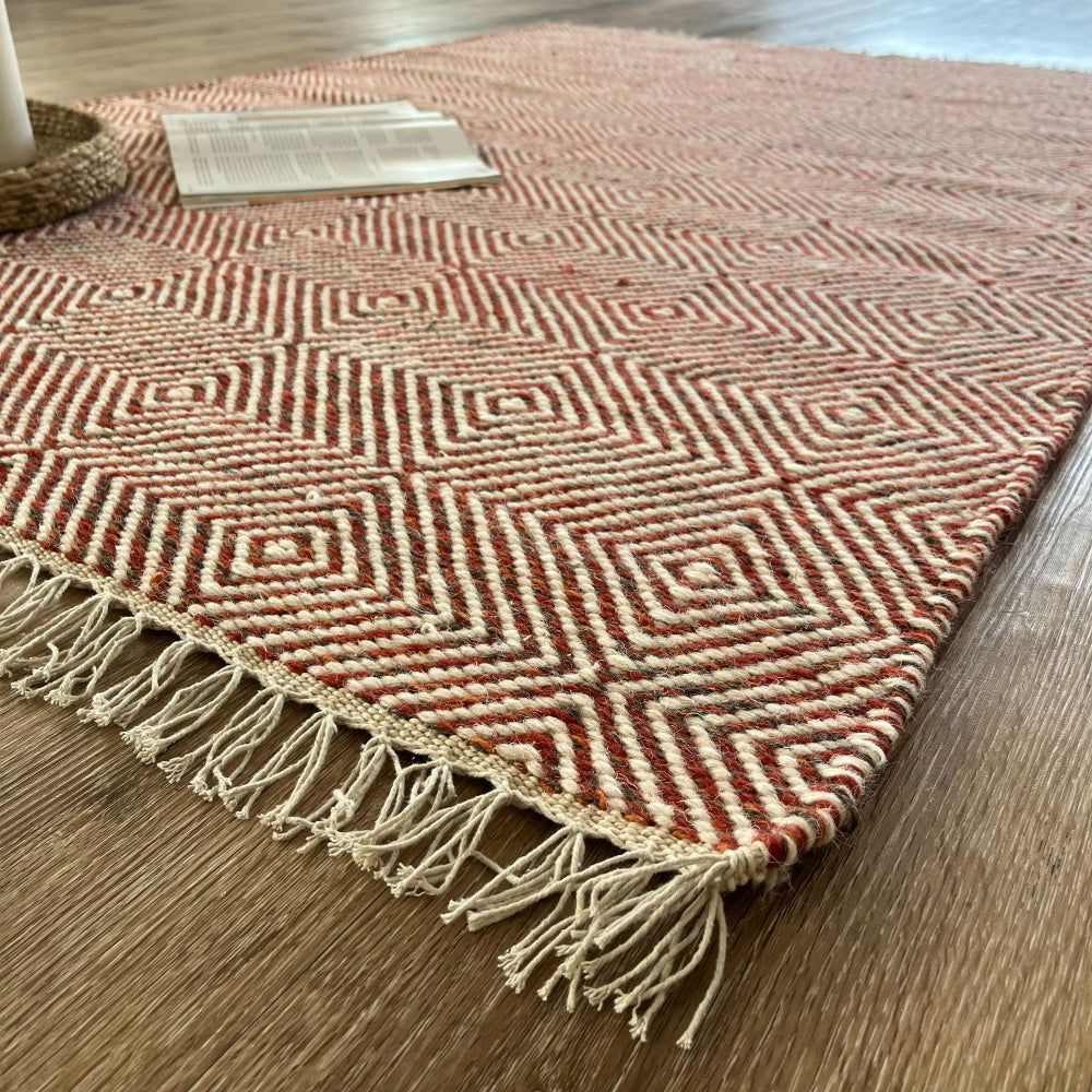 Rolf Geometric Diamond Fringed Wool Rug - Orange/Grey, 120 x 180cm