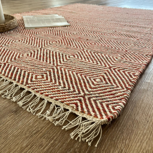 Rolf Geometric Diamond Fringed Wool Rug - Orange/Grey, 120 x 180cm