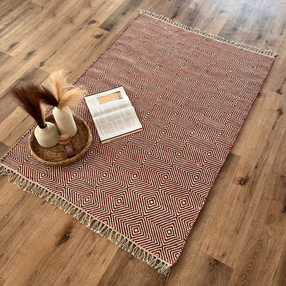 Rolf Geometric Diamond Fringed Wool Rug - Orange/Grey, 120 x 180cm
